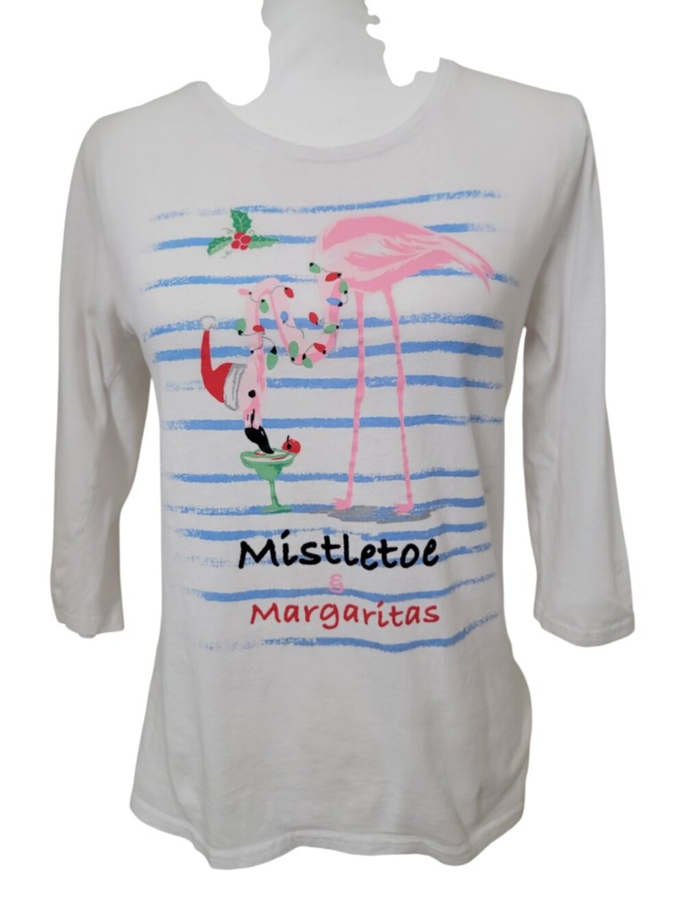 Caribbean Joe Size SP White Pullover 3/4 Sleeve Holiday Festive Graphic T-Shirt
